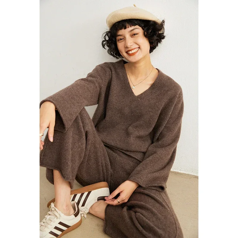 Fashion Suit Autumn Winter 100% Cashmere Knitted Sweater Quality Women Pullover And Harem Pants Two-Piece Female Ladies Clothes