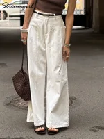 White Cotton Linen Pants Women Wide Leg Formal Trousers Summer Straight Leg Suit Pants High Waist Ladies Formal Pants Loose - Image 2