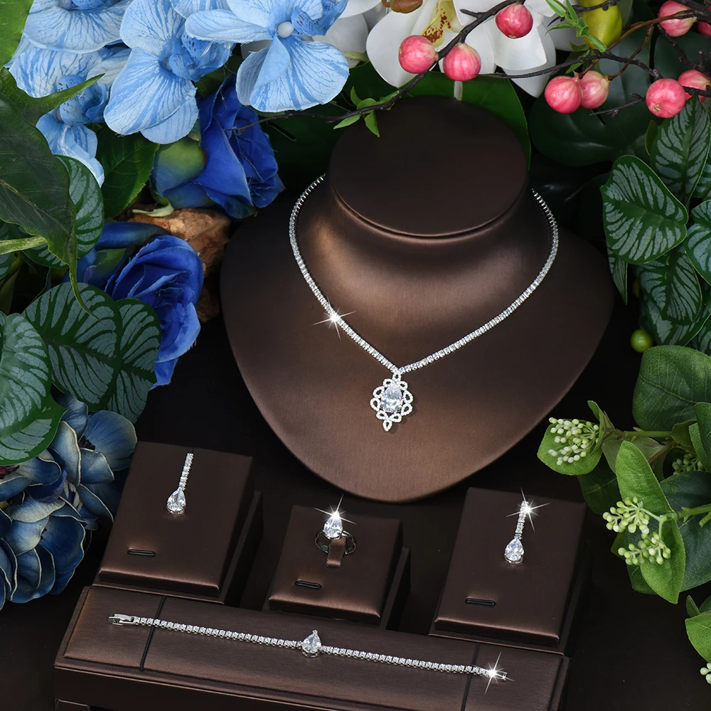 

New Elegant Court Style Necklace Women's Water Drop Earrings Bracelet 4 Piece Set Light Luxury Jewelry Holiday Wedding M-720