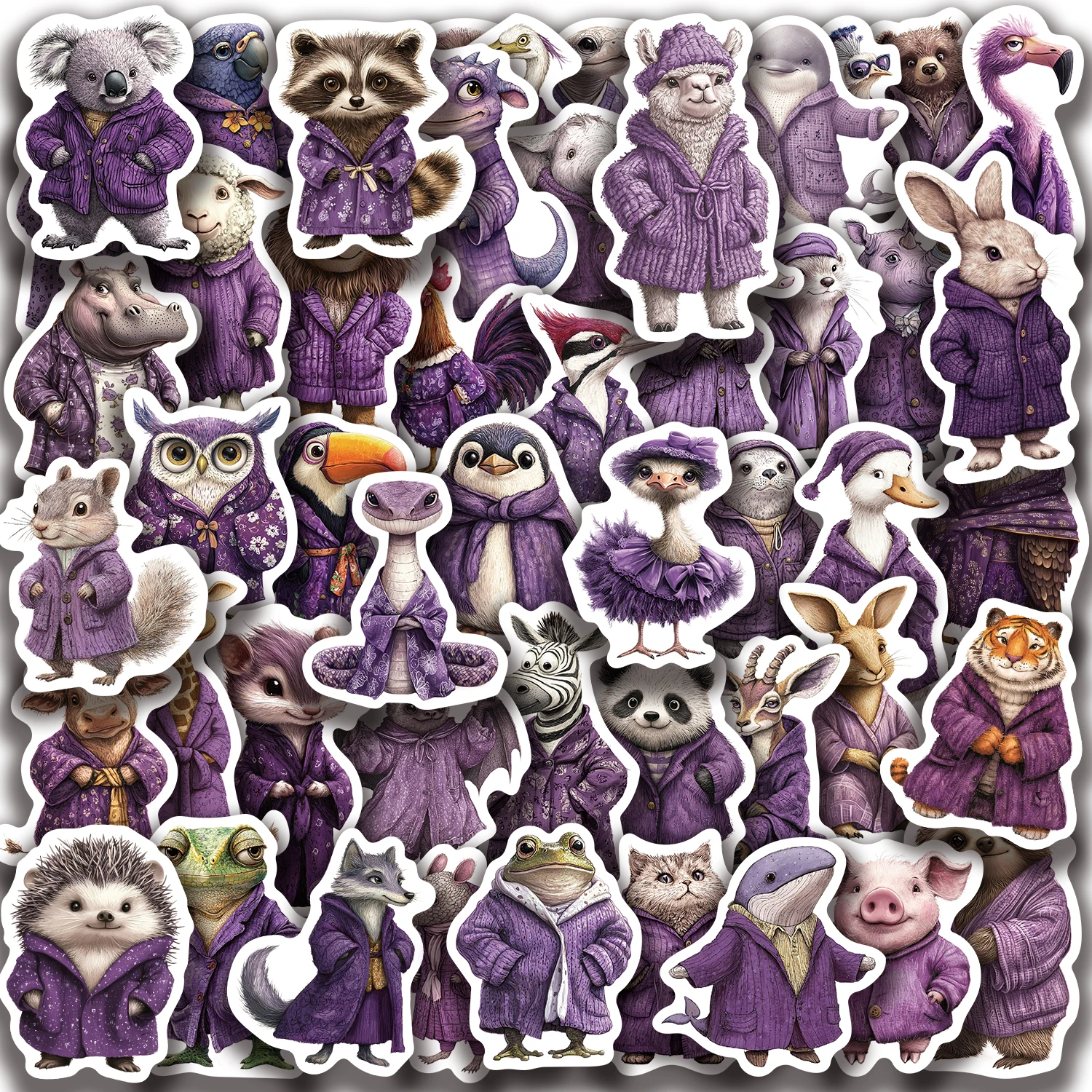 50 Stück bezaubernde Tier-Lila-Aufkleber, Eichhörnchen, Huhn, Löwe, verschiedene Tiere, wiederverwendbare Vinyl-Aufkleber für DIY-Dekoration