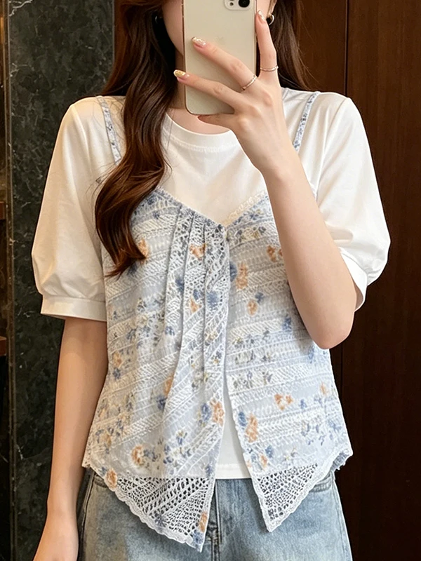 

plus Size Women's Casual Short Sleeve Floral Print Fashionable Top Korean Style Fake Two-Piece round Neck Summer T-Shirt