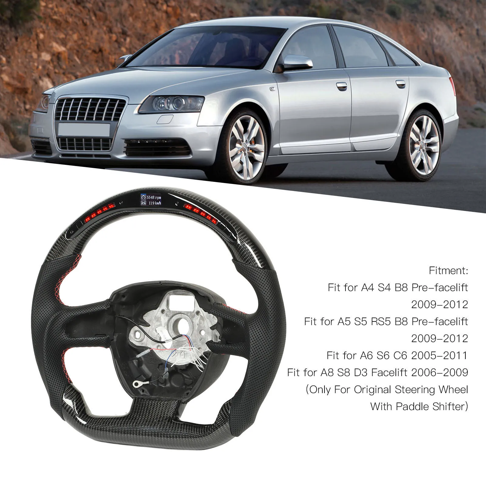 

Modification Steering Wheel LED Shift Lights Carbon Steering Wheel Red Stitching for S4 S5 RS5 B8 S6 C6 S8 D3