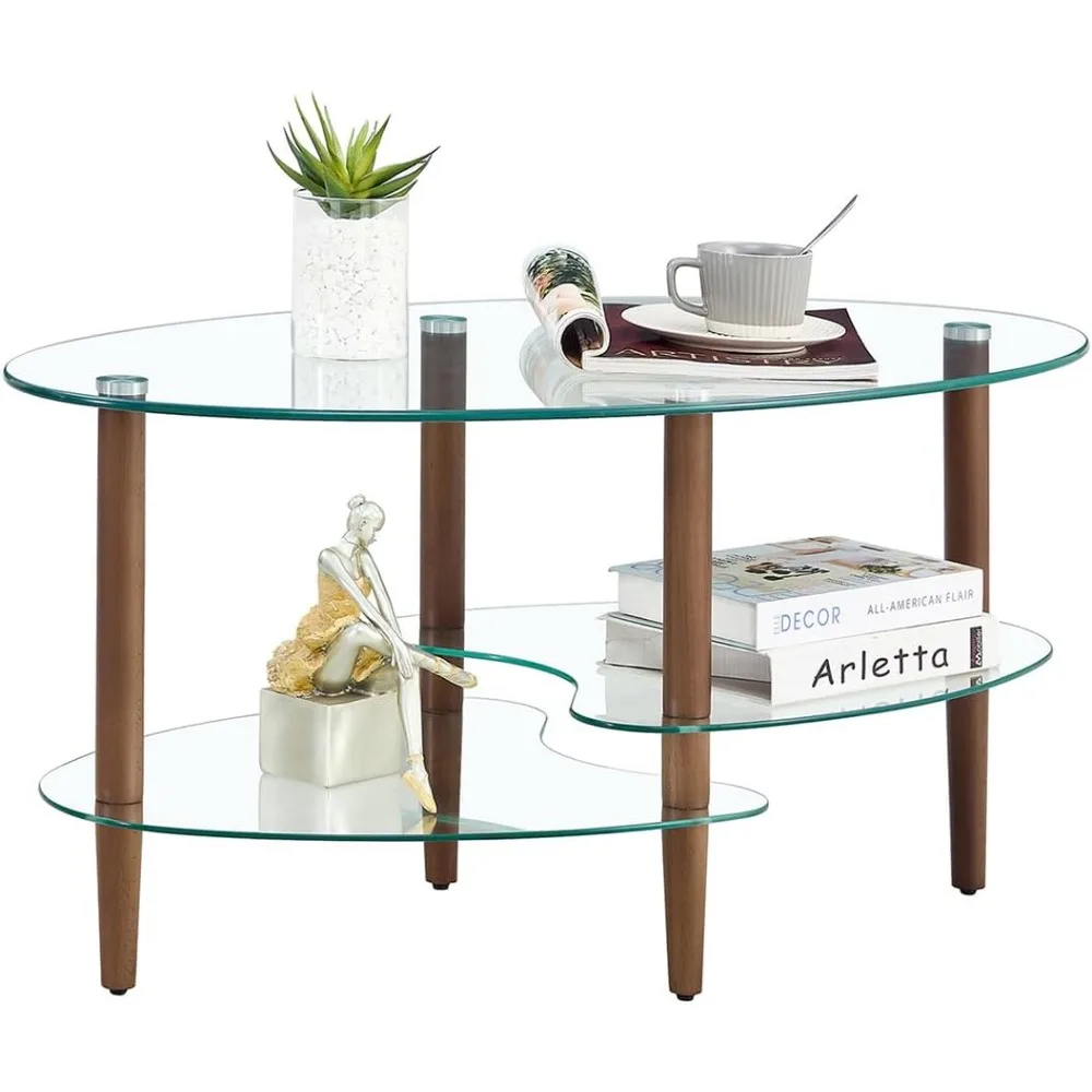 

Oval Coffee Table with Storage - Modern 3-Layer Glass Table for Living Room (Brown)