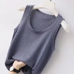 Summer Women Casual Knitted Tank Top Korean Clothing New Slim Wavy Edge Round Neck Solid Fashion Versatile Thin Sleeveless Vest