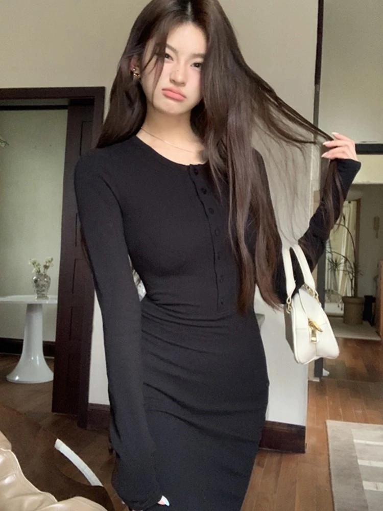 Herbst Bodycon solide kurze Kleider für Frauen Langarm schlanke einreihige koreanische Mode lässig Mini Vestidos Mujer 2024 neu