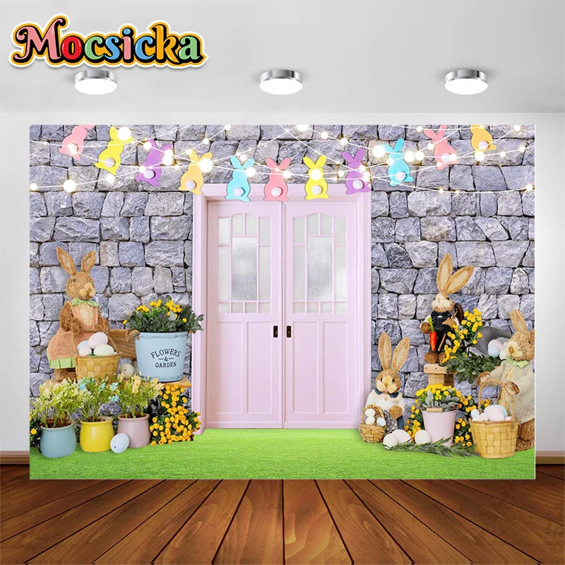 

MOCSICKA Spring Easter Brick Wall Theme Photography Backdrop Flowers Grass Bunny Egg Children Birthday Decor Kids Portrait Booth