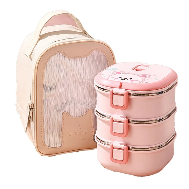 304 Stainless Steel Insulated Lunch Box With Spoon Stacked Bento Box Portable Cute Food Box Leak Proof Food Container