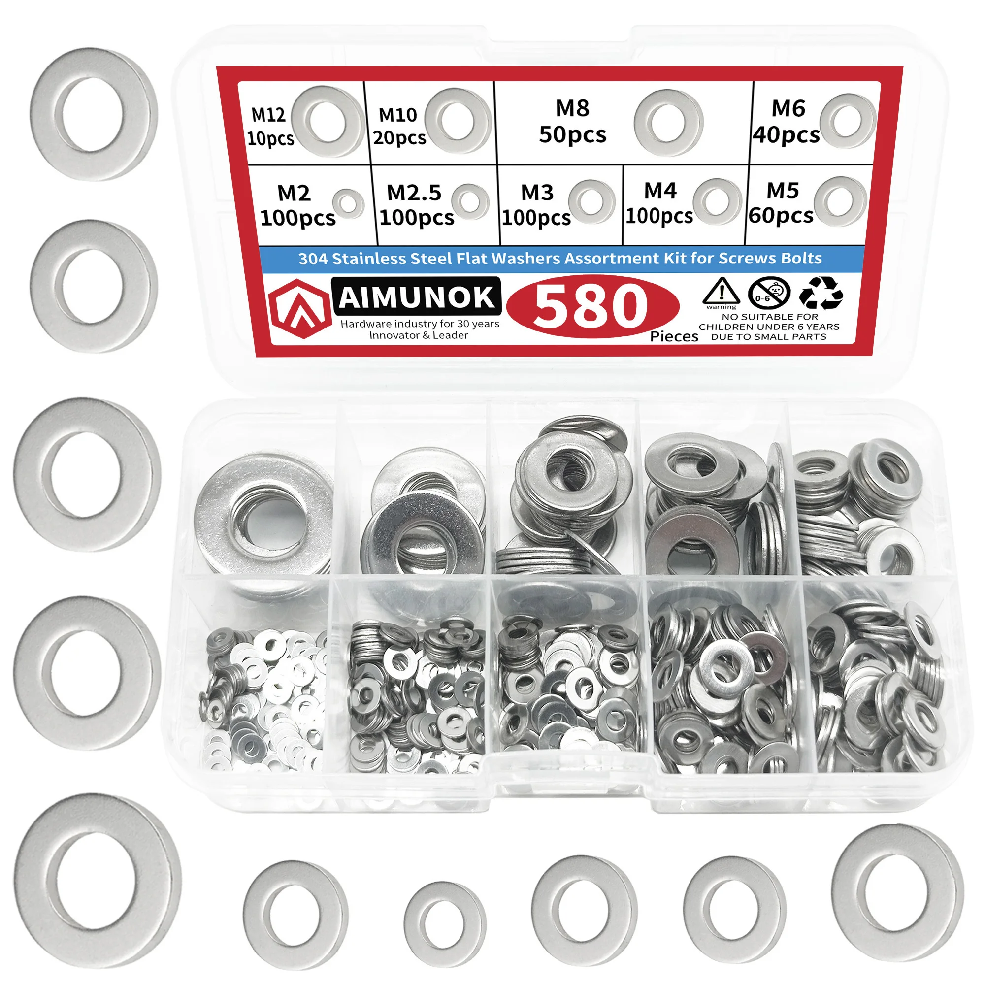 

580PCS 304 Stainless Steel Flat Washer Set M2-M12 Multi-Spec Rust-Resistant Repair DIY Fasteners Tool Kit with Storage Box