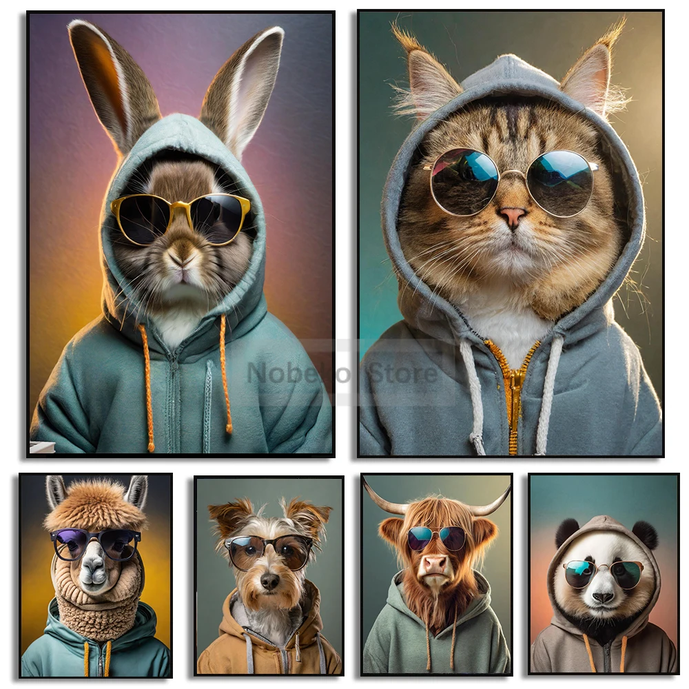 Funny Animal in Hoodie Poster Vintage Animals Portrait Prints Canvas Painting Wall Art Pictures Home Living Room Decoration