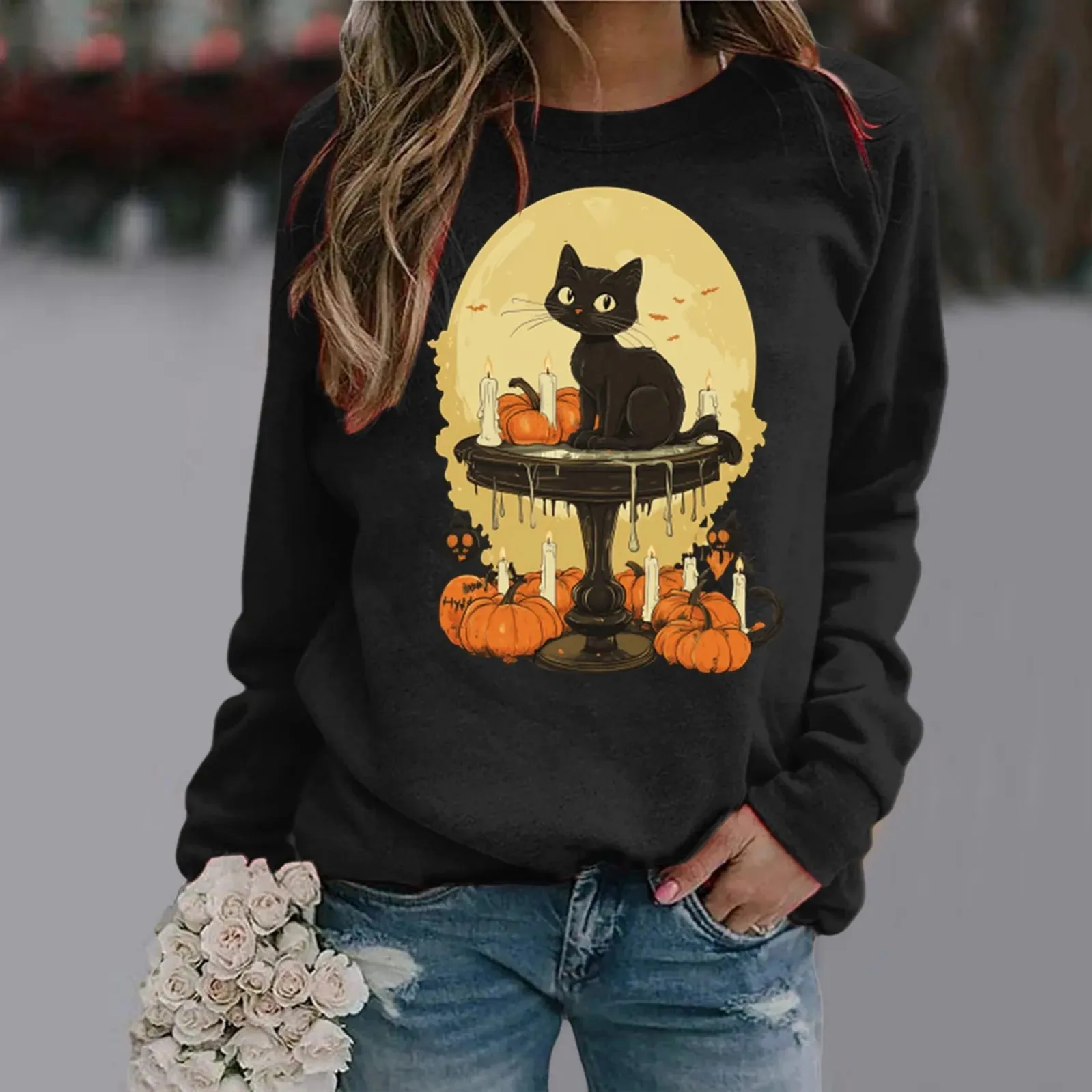 

Women's New Halloween Cat Pumpkin Head Print Shirts Round Neck Long Long Sleeved Casual T-shirt Hoodie Top