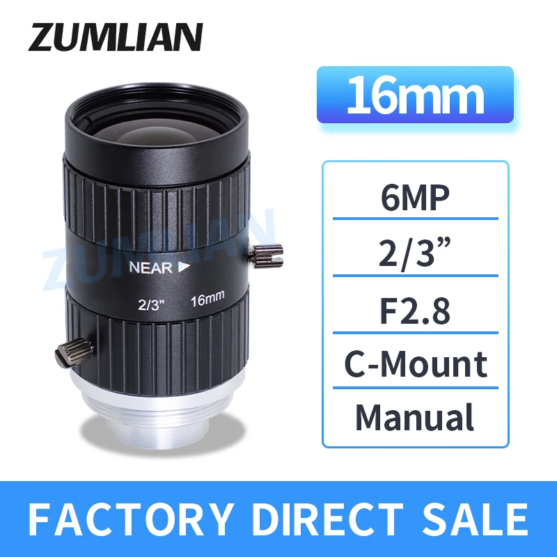 

ZUMLIAN 16mm Lens 2/3'' C-Mount F2.8 Large Depth of Field 6MP Camera Manual Iris Machine Vision FA Cameras 6Megapixels