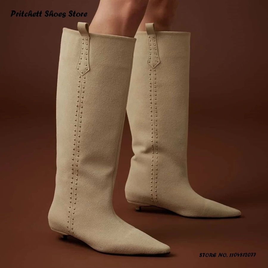 Women's Rivet Embellished Knee-high Boots Spring Autumn Pull On Street Style Shoes Fashion Pointed Toe Low Heel Modern Boots