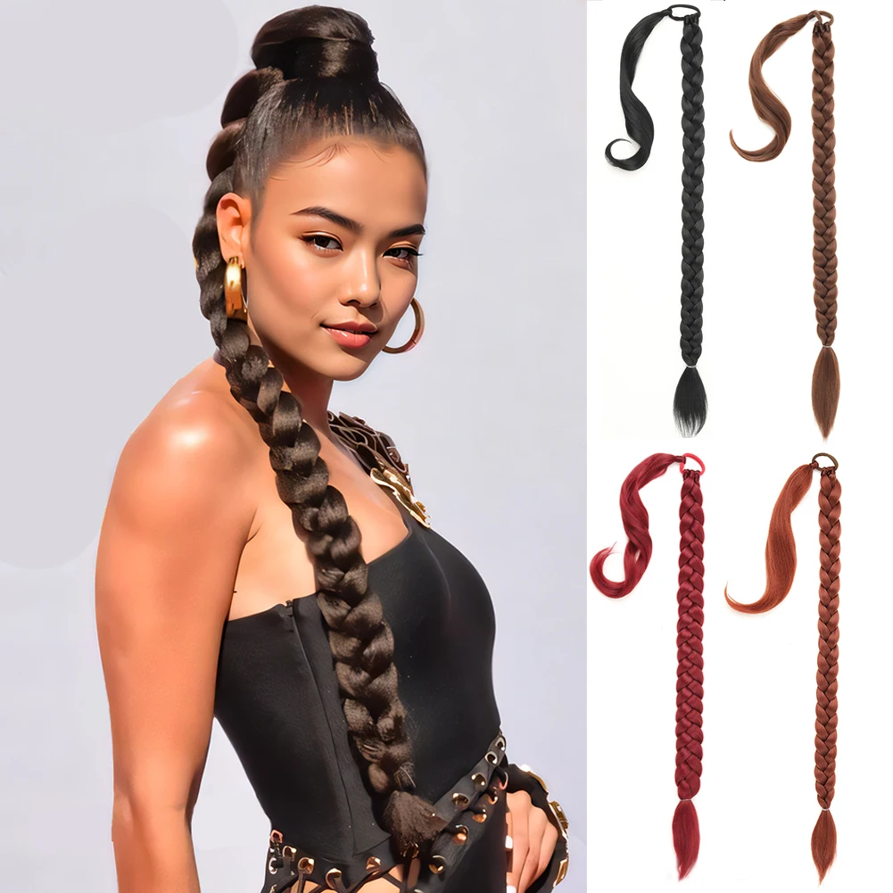 Extension de queue de cheval tressée synthétique longue avec attache de cheveux Extensions de cheveux droites à enrouler 30 pouces queue de cheval douce naturelle