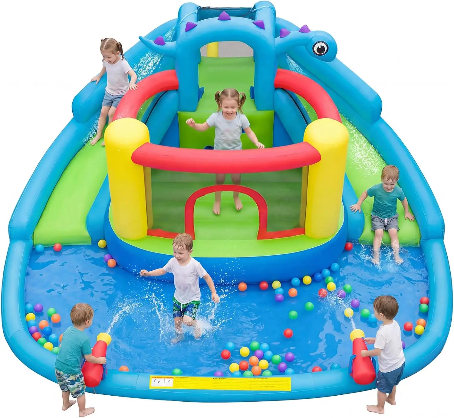 

BOUNTECH Inflatable Water Slide, Dinosaur Styling, Double Slides Park with Bounce House, Jumping Castle w/2 Water Cannons, Blow