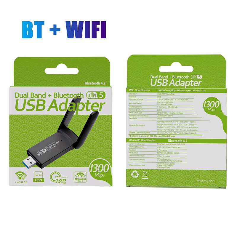 บลูทูธอะแดปเตอร์ WIFI 5G ตัวรับสัญญาณ Wi-Fi Dual Band 1300M ไร้สาย USB3.0การ์ดเครือข่าย Wi/Fi Dongle เสาอากาศสำหรับคอมพิวเตอร์