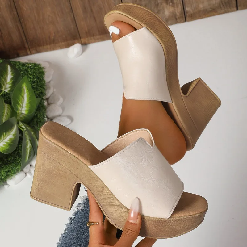 Summer New Simple Style Casual Women's Heeled Mules Fashion Solis Color Fish Mouth Square Heel Women Shoes Босоножки Женские