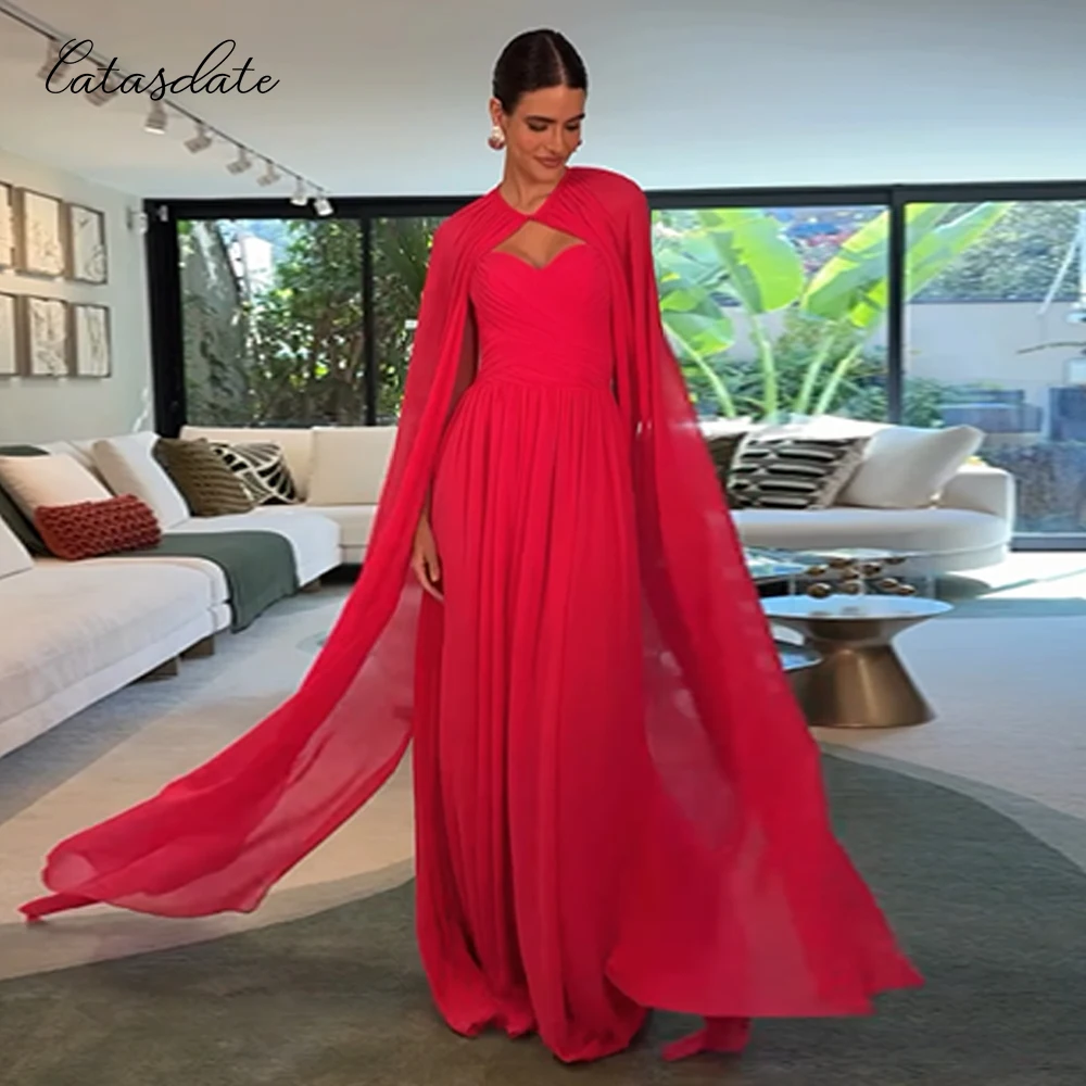 

Catasdate A Line Evening Dress with Shawl Chiffon Prom Dress with Cape Sleeve Wedding Party Dress vestidos de fiesta Customized
