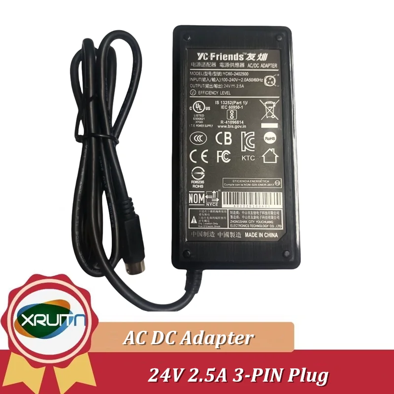 New YC Friends YC60-2402500 24V 2.5A AC DC Aadapter Charger For FDL FDLJ1204A 24V 2A 1.5A 36W 40W 10727110-8N Power Supply 3 PIN