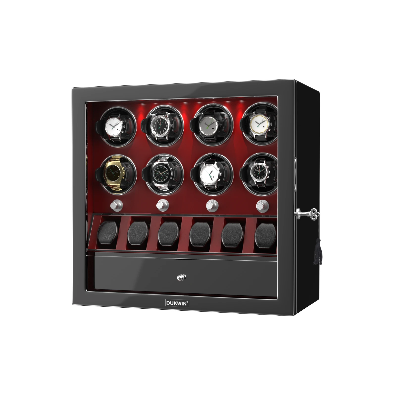 Winder jam tangan otomatis, Winder jam tangan otomatis, jam tangan 4 8, kotak Rolex, penyimpanan Kolektor tampilan perhiasan, dengan lampu LED, Motor Mabuchi sunyi