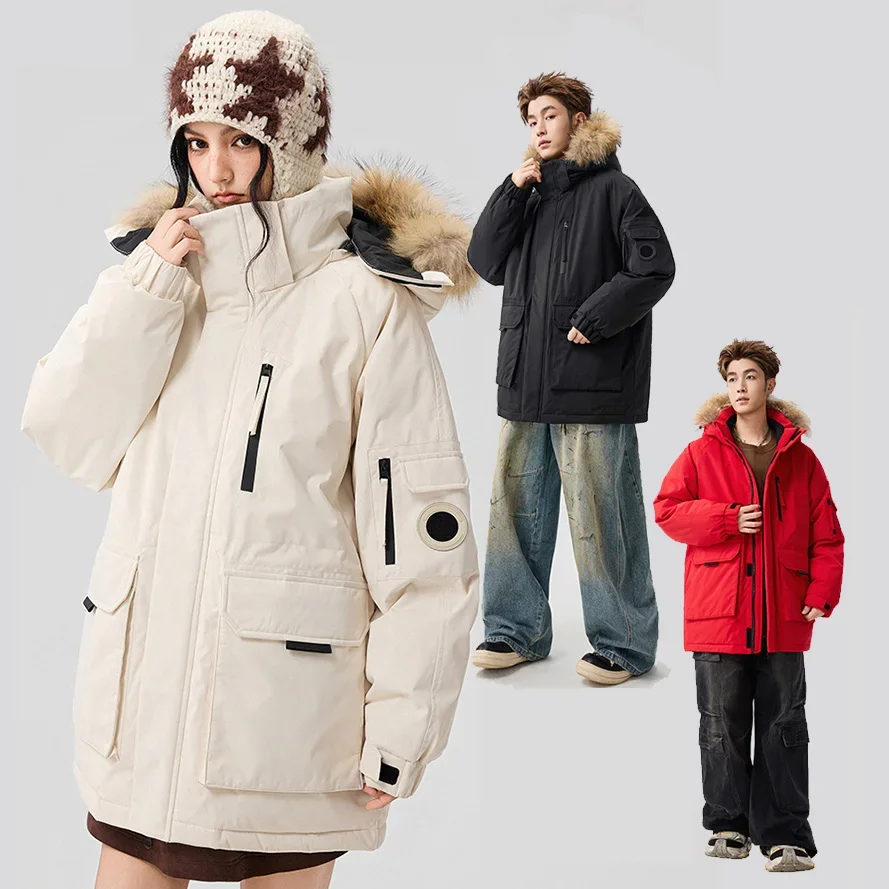

Men Women Winter Removable Fur Collar Hooded Outdoor Windbreaker Down Jacket Thick Cargo Parkas Jacket Warm Coat Unisex Overcoat