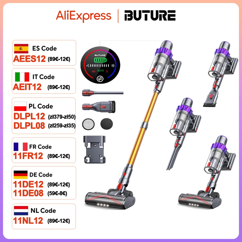 BUTURE 500W 48Kpa Suction Power Handheld Cordless Wireless Vacuum Cleaner for Home Appliance 1.5L Dust Cup Removable Battery