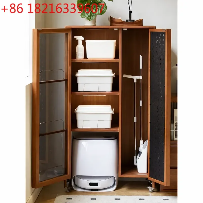 YAONordic Retro Solid Wood Housekeeping Cabinet Mobile Balcony Robot Vacuum Storage Display Locker for Small Apartment