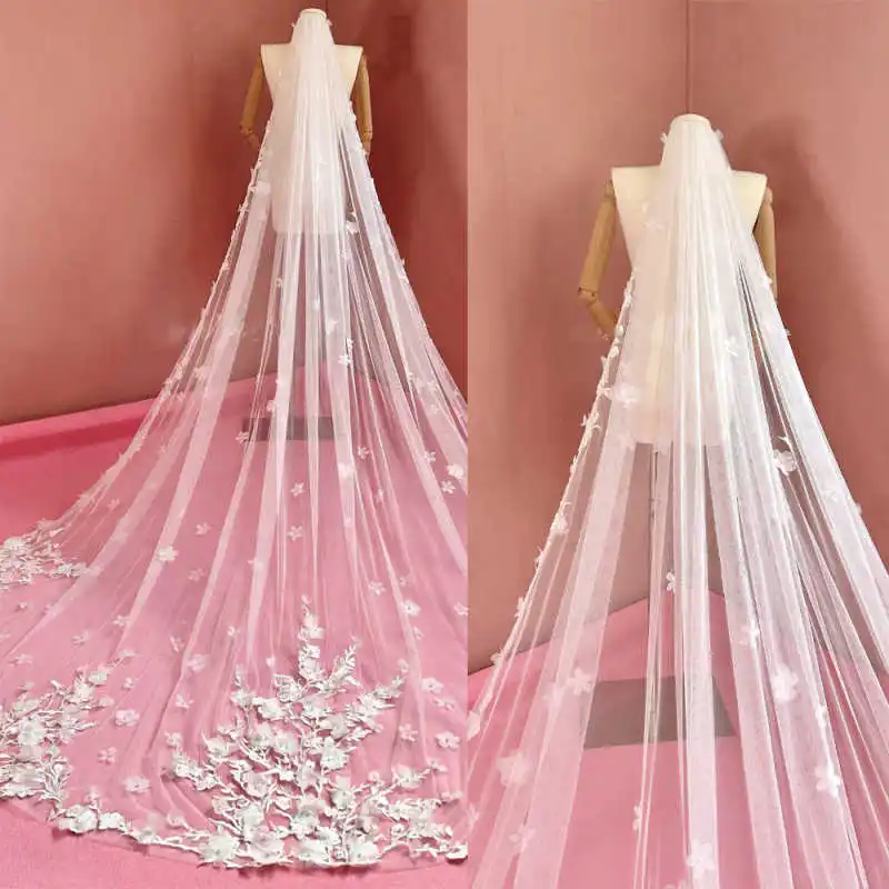 

Luxury Bridal Veil One-Layer 3M Long Cathedral 3D Flowers Pearls With Comb Wedding Accessories Customized velos de novia