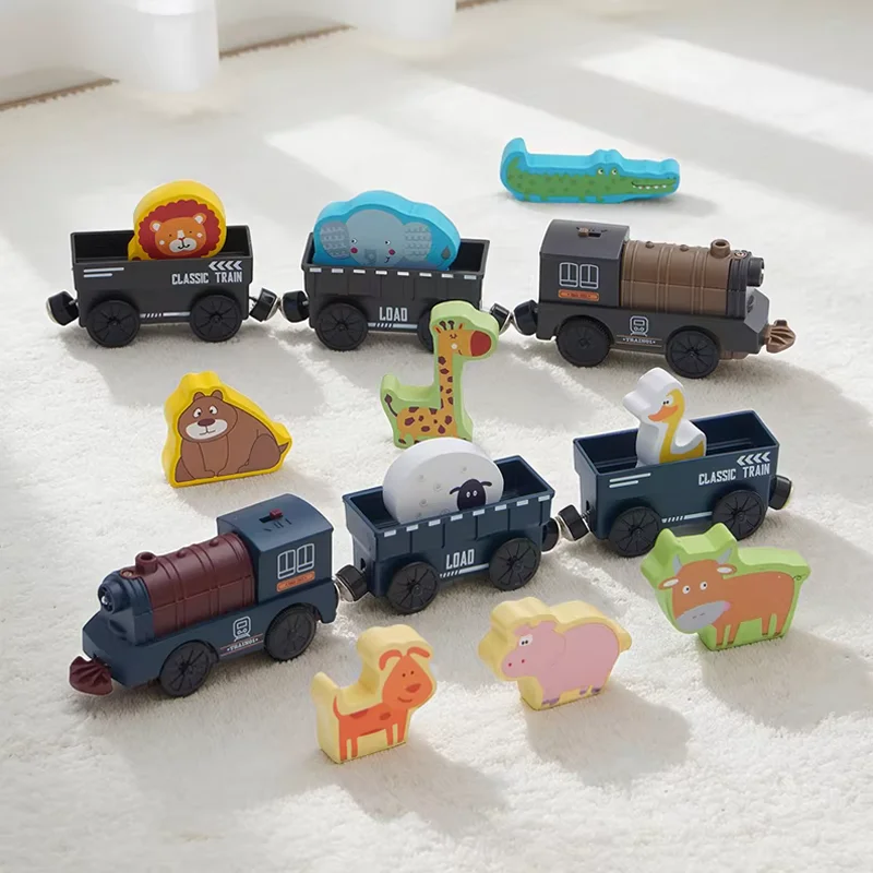 Children Wooden Track Electric Train Series Magnetic Car Compatible with all Brand Wooden Train Track Toys for Ages 3-6-7