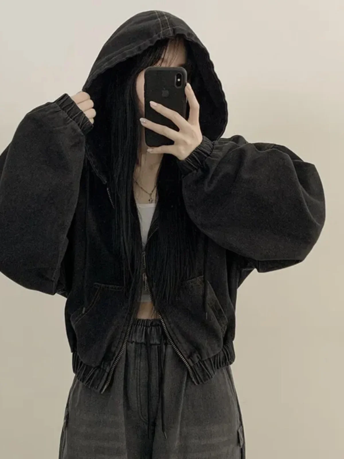 

Denim Coat Holes Womens Summer Hipster Drop-Shoulder Balloon Sleeved Button-Down School Minimalist Pocketed Lightweight Jackets