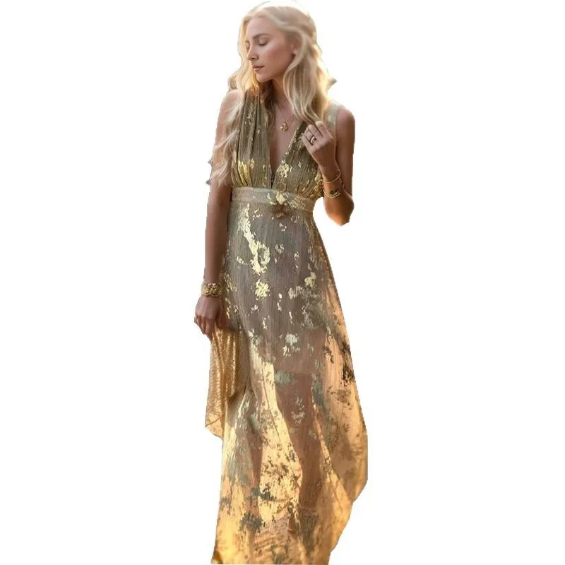 Seidiges Slip-Kleid mit V-Ausschnitt für Damen, Sommer, durchsichtig, geometrischer Druck, A-Linie, Midikleid, elegant, lässig, Strandmode, ärmelloses Sonnenkleid ​