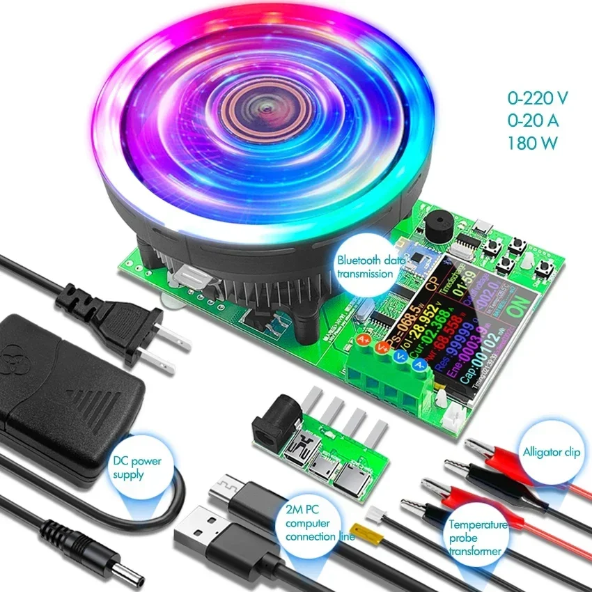 เครื่องทดสอบโหลดอิเล็กทรอนิกส์เครื่องทดสอบโหลดแบบ USB 0-200V 20A 180W ปรับได้โมดูลทดสอบความจุของแบตเตอรี่แบบคงที่