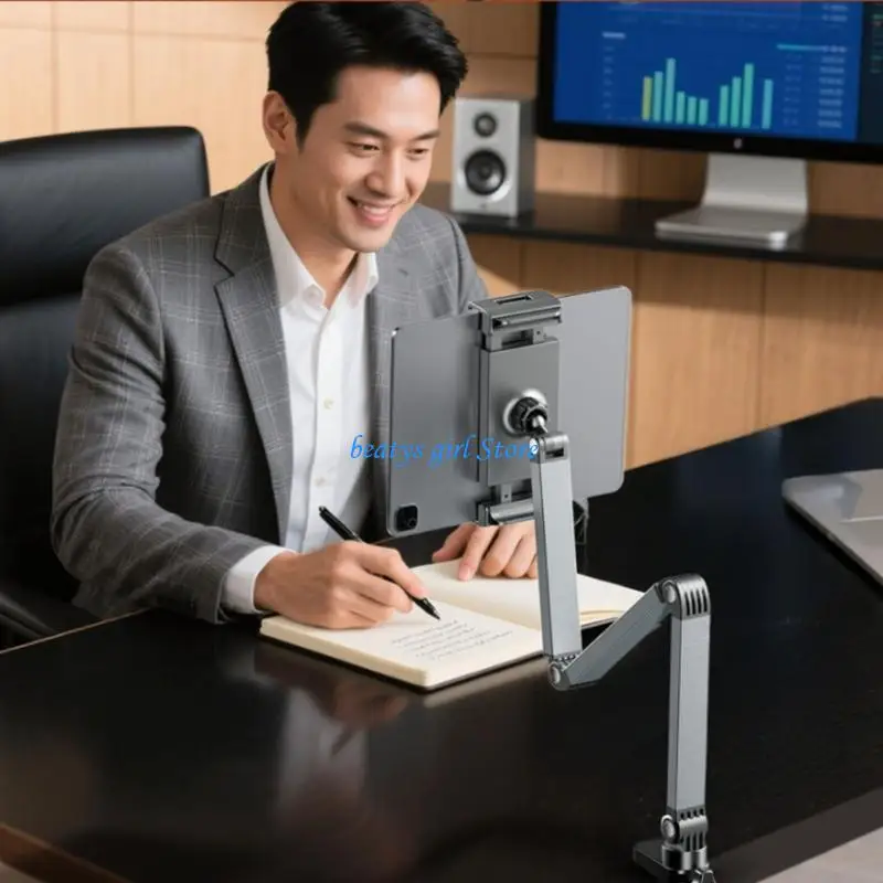 C7AB Multifunctional Aluminum Tablets Phone Stand Offering Adjustable Height 360 Swivels for Videos Calls and Office Work