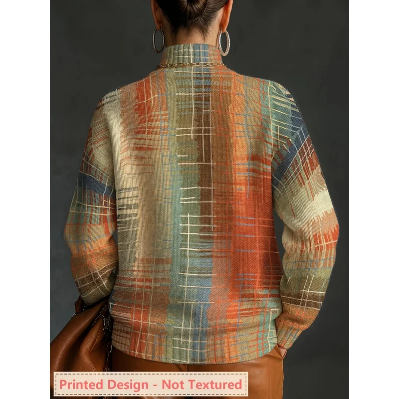 Women's Retro Plaid Check Print Turtleneck Sweater Long Sleeve Knit Pullover Loose Casual Autumn Winter Fashion Jumper Top