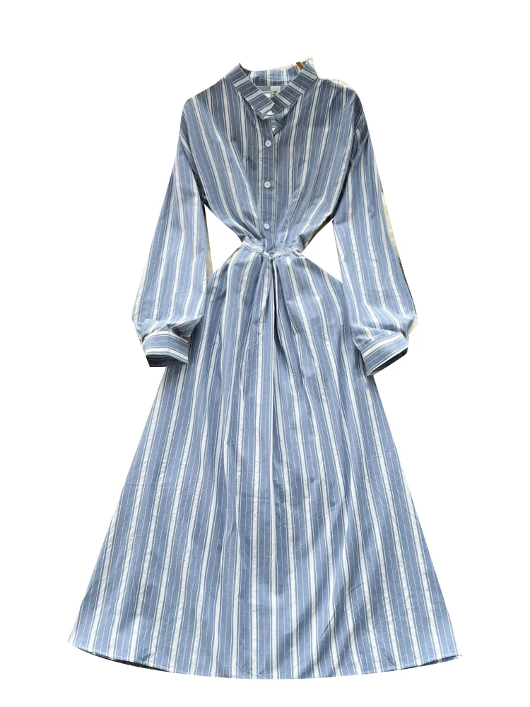 Sukienka damska w stylu francuskim w paski, nowa kolekcja 2025, sznurowana koszula z długim rękawem, sukienka midi, jesienna sukienka zapinana na jeden guzik, dopasowana.