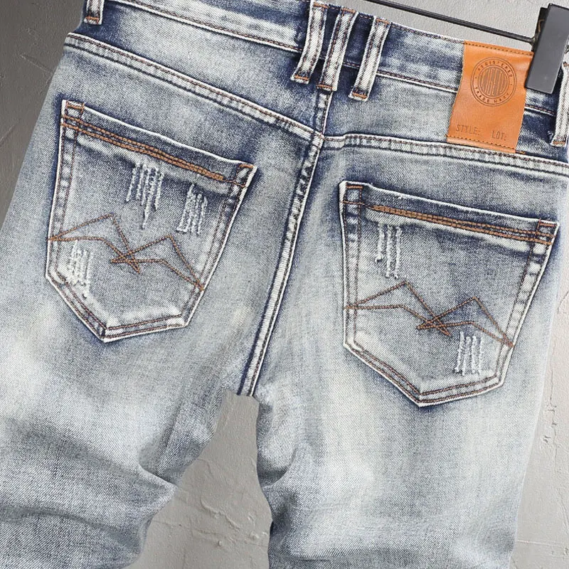 Fashion Vintage Men Jeans High Quality Retro Washed Blue Elastic Stretch Slim Fit Ripped Jeans Men Patched Designer Denim Pants