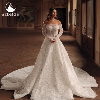 Aedmgh A-Line Zarif Gelinlik Tekne Boyun Kapalı Omuz Vestido De Novia Dantel Nakış Lüks Custom Made Gelin Kıyafeti