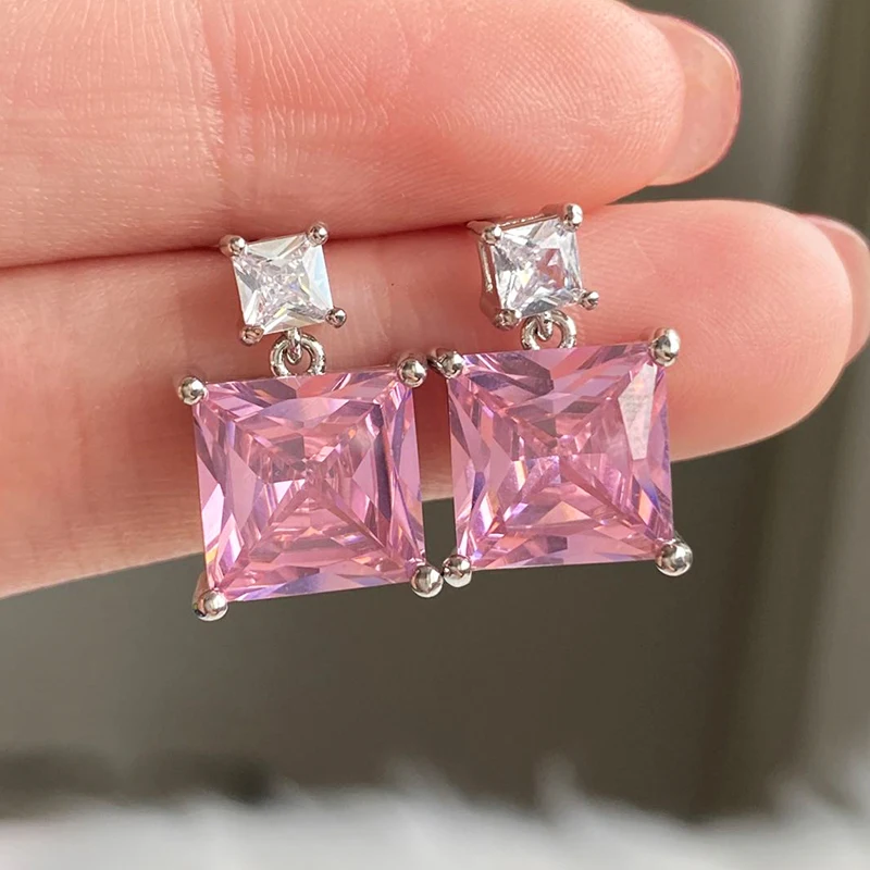 UILZ Princess Cut Green Pink Zircon Square Stud Earrings Luxury Crystal Stone Earrings for Women Wedding Jewelry Wholesale