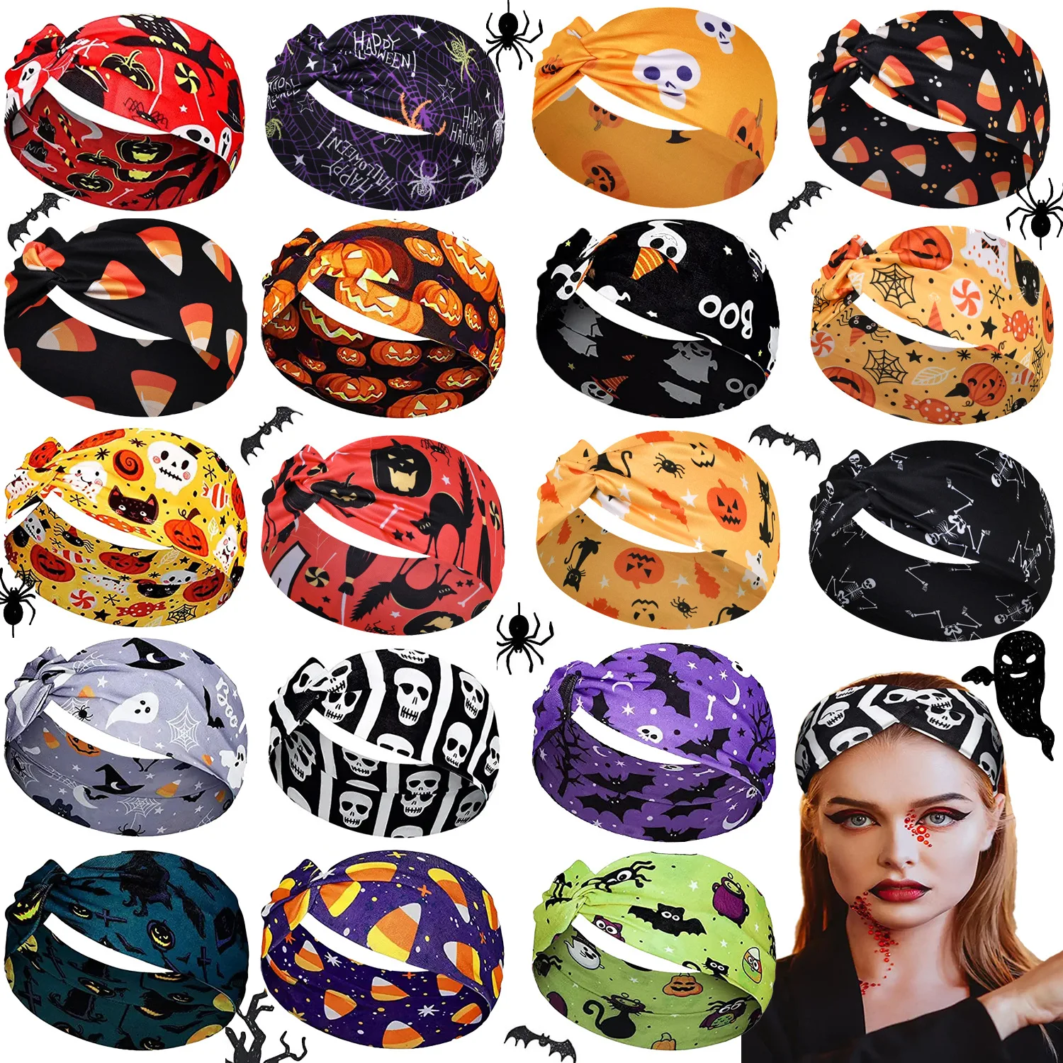 Diademas anchas con estampado de flores y calavera para mujer y niña, turbante elástico con nudo Vintage, Bandana suave, accesorios para el cabello, Halloween