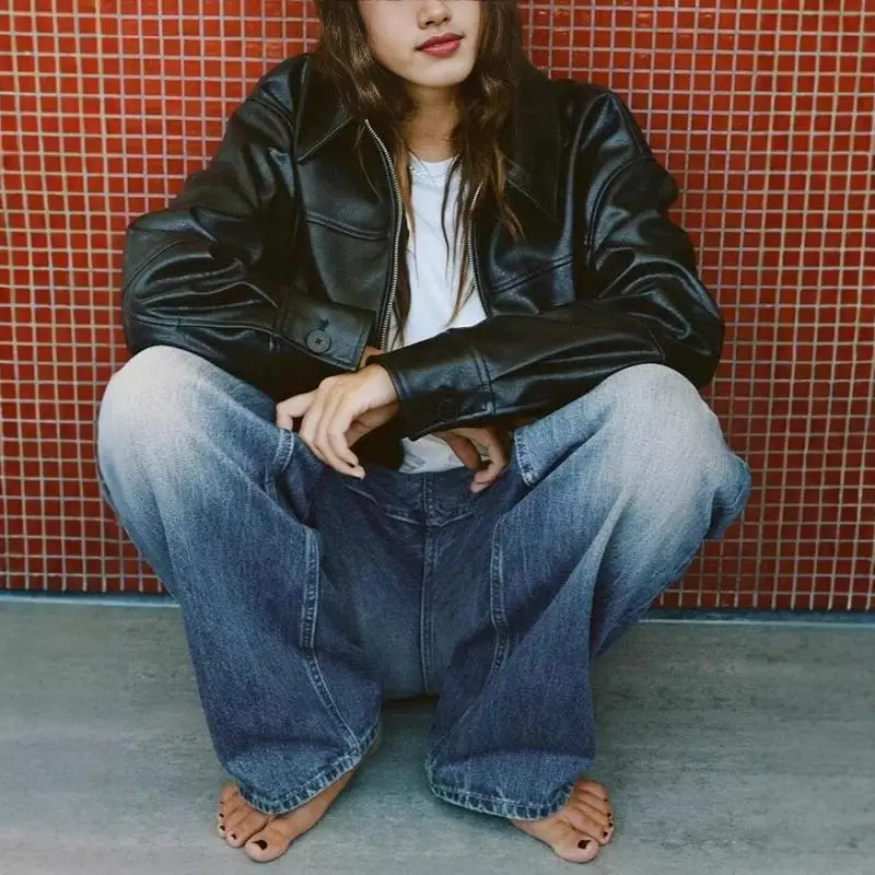 سترة طيار نسائية من الجلد الصناعي من TRF، تصميم جديد لخريف وشتاء، أسلوب حلو وفضفاض، أكمام طويلة، إغلاق بسحاب، حافة مستديرة، ع...