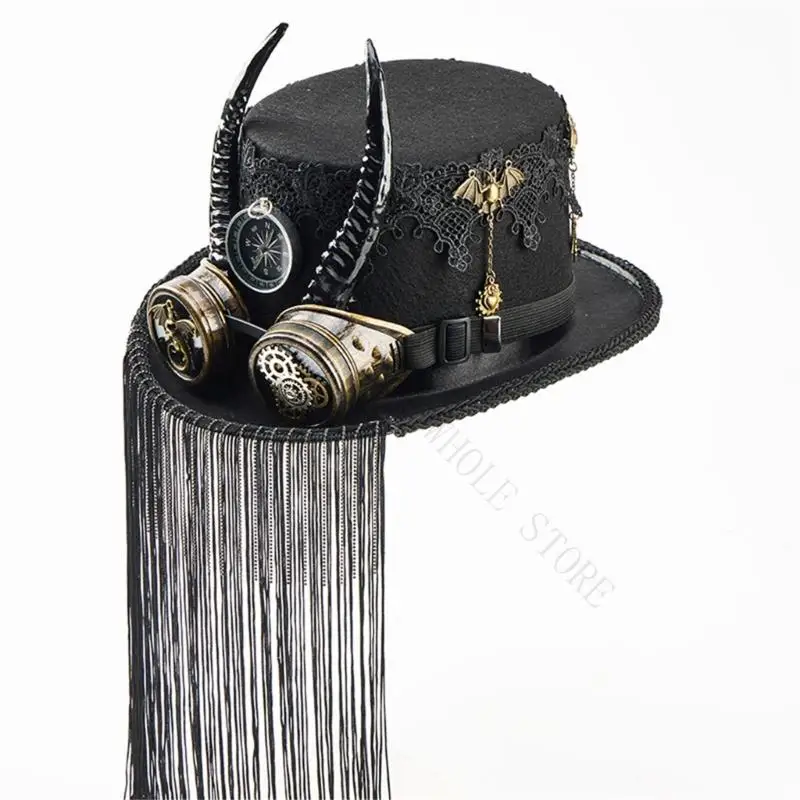 R7UF Stylish Steampunks Goat Horn Hat With Functional Goggle And Long Fringes Top Cap Headwear For Costume Parties