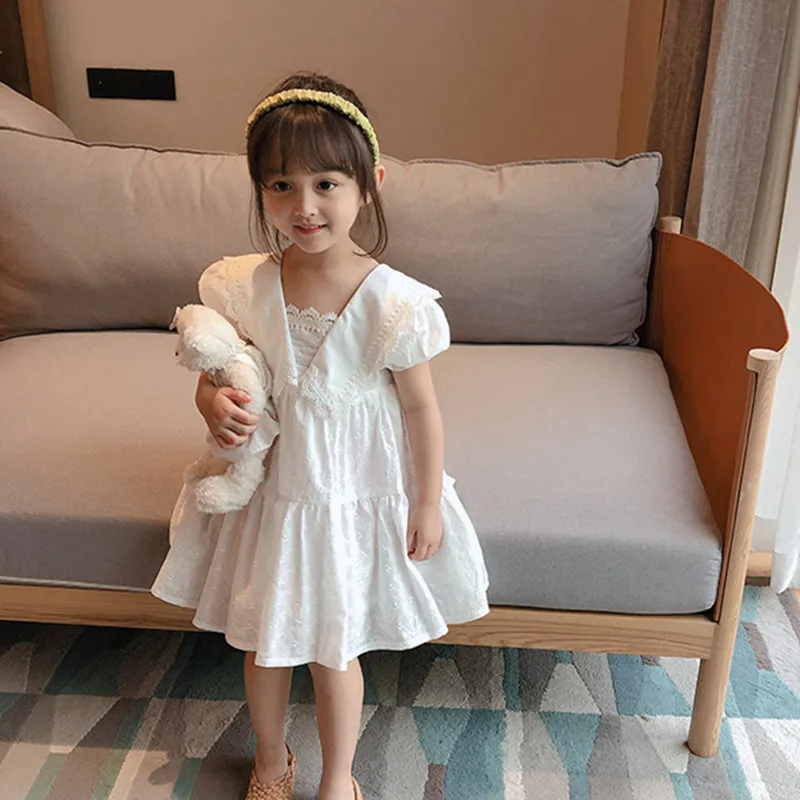 2025 Summer Dresses Girls Fashion White Dress Kids Lace Floral Dresses Cotton Dress Children Clothing Lace Floral Dresses