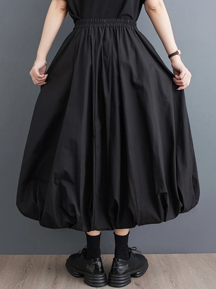 Black Vintage High Waist Pleated Long Skirt Women Fashion Pocket Bilayer Loose Casual Skirts Clothes New Spring Summer 2023