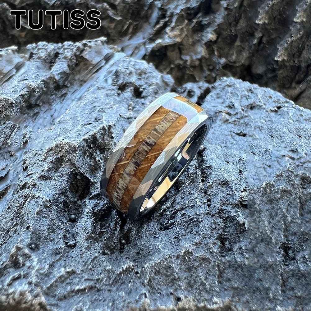 TUTISS 8mm Men Women Hammer Ring Tungsten Engagement Wedding Band With Barrel Whiskey Wood And Dear Antler Inlay Comfort Fit