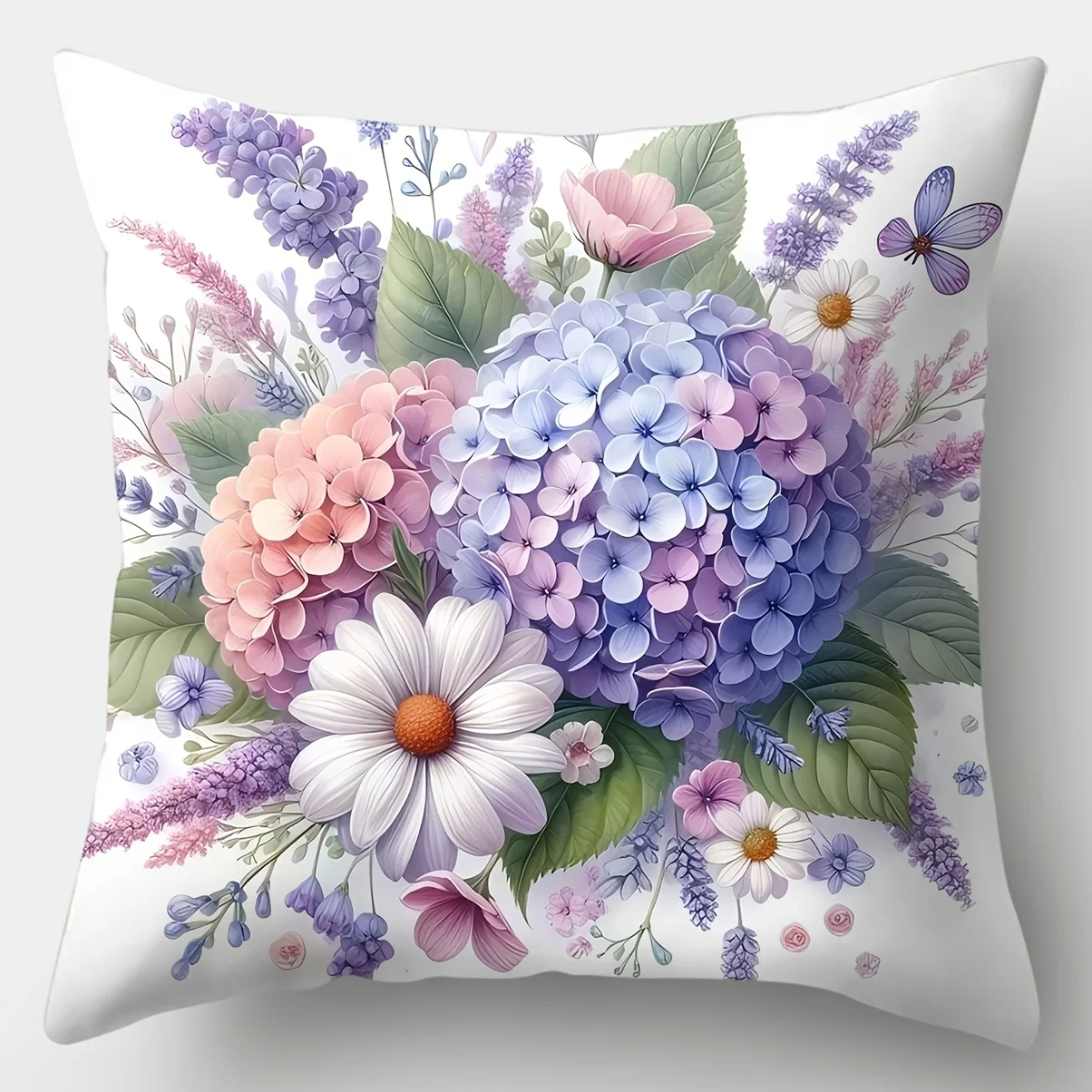 4pcs Floral Cushion Cover Pastel Hydrangea Butterfly Flower Printed Pillow Case Polyester Home Decor Sofa Living Room 2D Flat