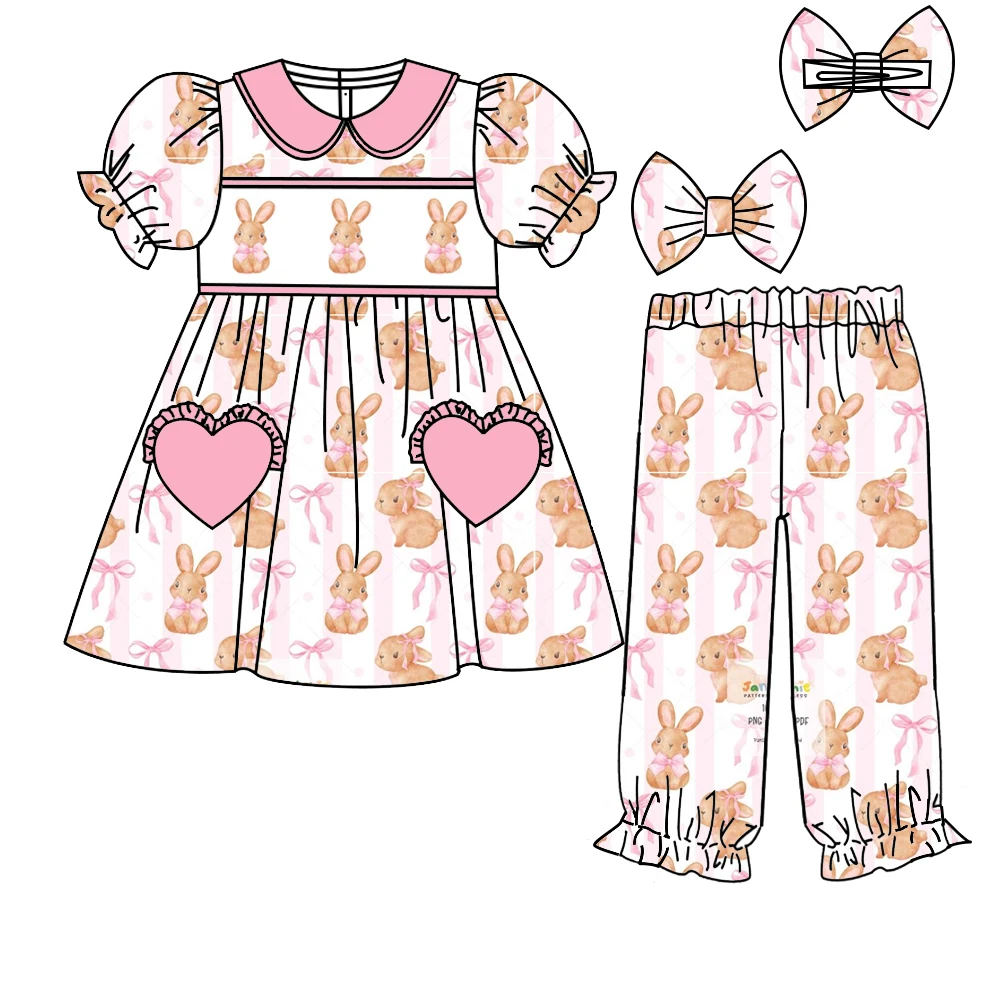 

Пасхальный бутик, детский костюм с короткими рукавами, эластичные брюки с принтом кролика и банта, кружевной костюм для девочек, детский пижамный комплект