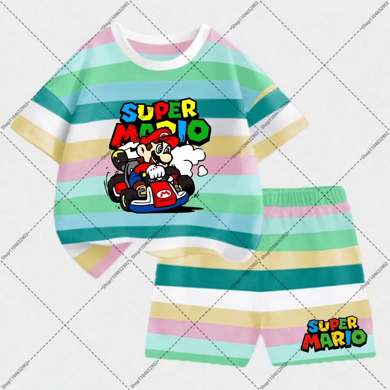 Футболки + короткий комплект Super Mario Bros для мальчиков и девочек, модная детская летняя одежда с короткими рукавами и принтом персонажей принцессы персика