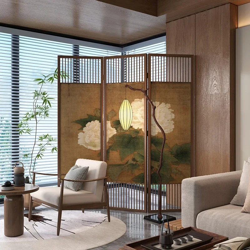 Retro flower partition folding mobile new Chinese style living room office blocking hotel tea room solid wood folding 3