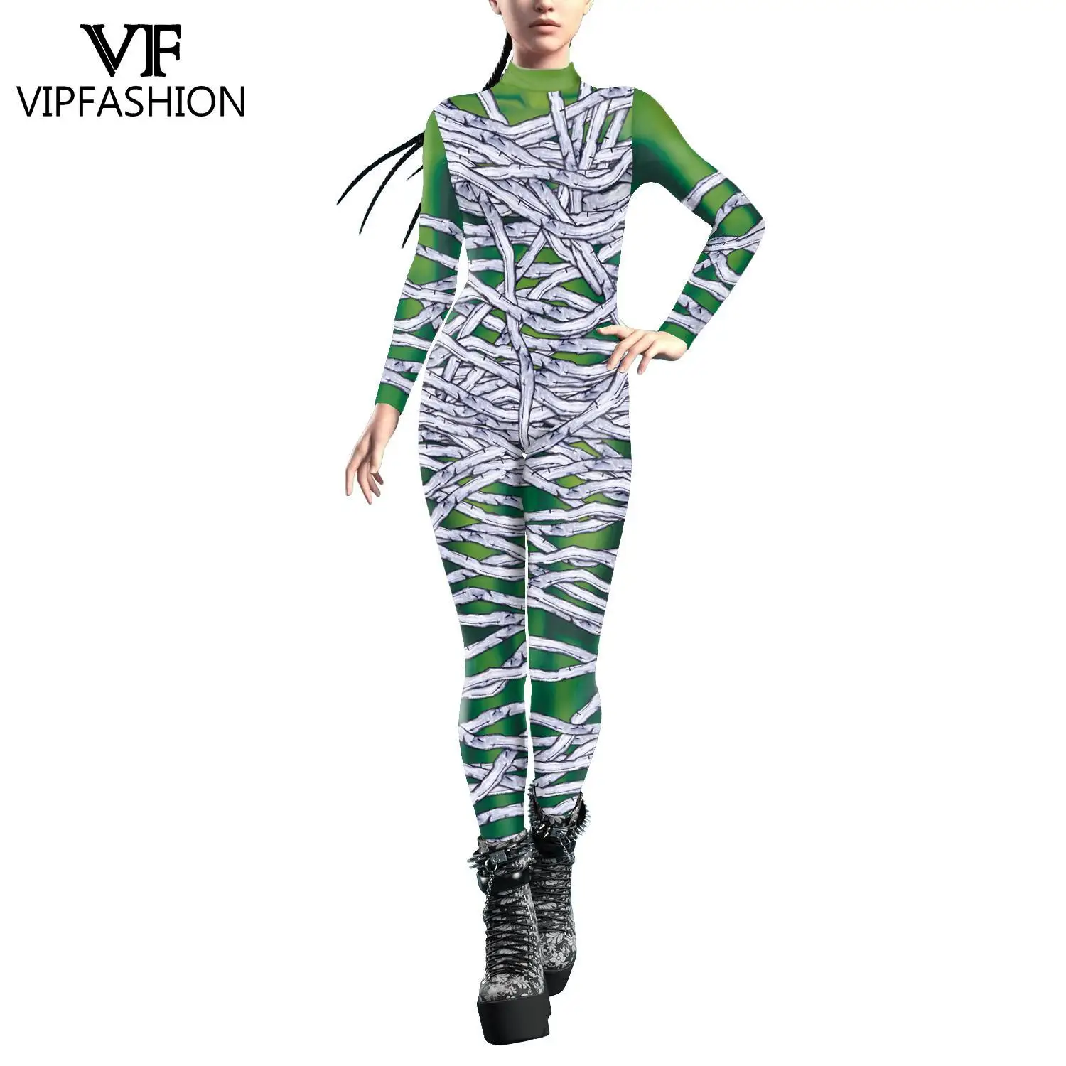 Vip Mode Enge Mummie Kostuum Meisjes Cosplay Jumpsuit Carnaval Halloween Feest Outfit Rug Rits Zentai Bodysuit Vrouw Kleding