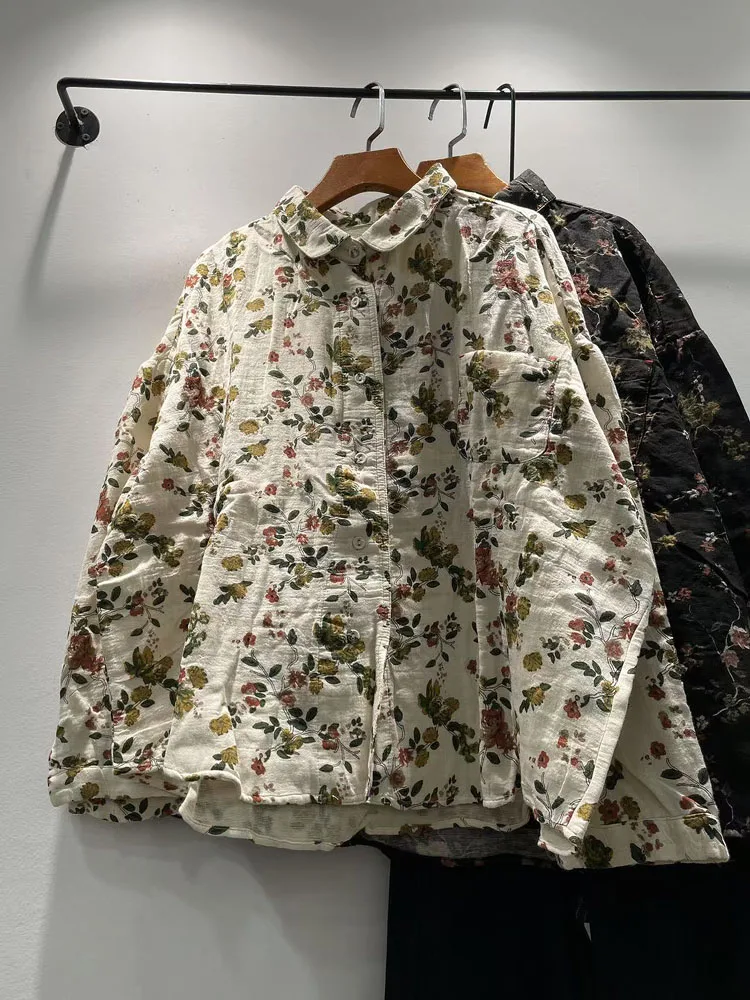 

Весна 2025: Женская хлопковая блузка с ретро-цветочным принтом, длинным рукавом, двойным слоем хлопка, на одной пуговице, с воротником-стойкой