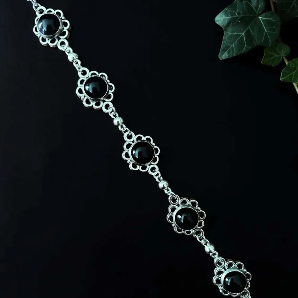 Romantic Gothic Silver Color Hollowed Flower-shaped Edging Inlaid Black Onyx Bracelets for Women Men Dark Punk Jewelry Gifts